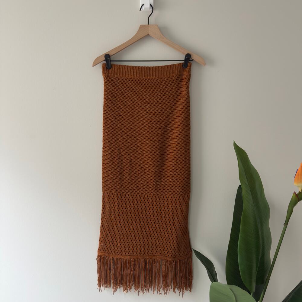House of Harlow 1960 Revolve Fringe Hem Midi Skirt Elastic waist open knit slit